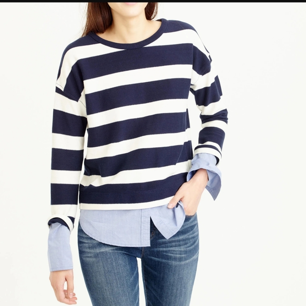 J Crew Navy Striped long sleeve Shirttail Hem